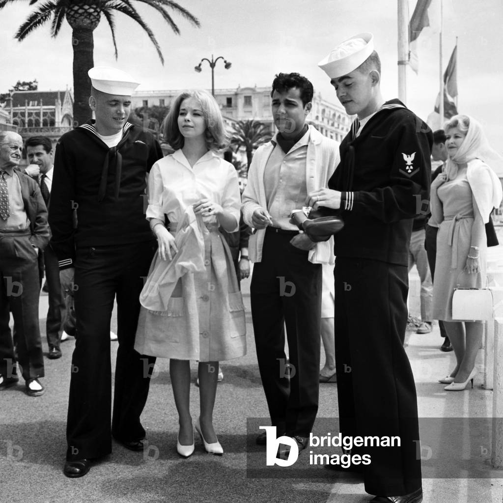 Actors Jill Haworth and Sal Mineo at Cannes Festival May 6, 1961 (b/w photo)