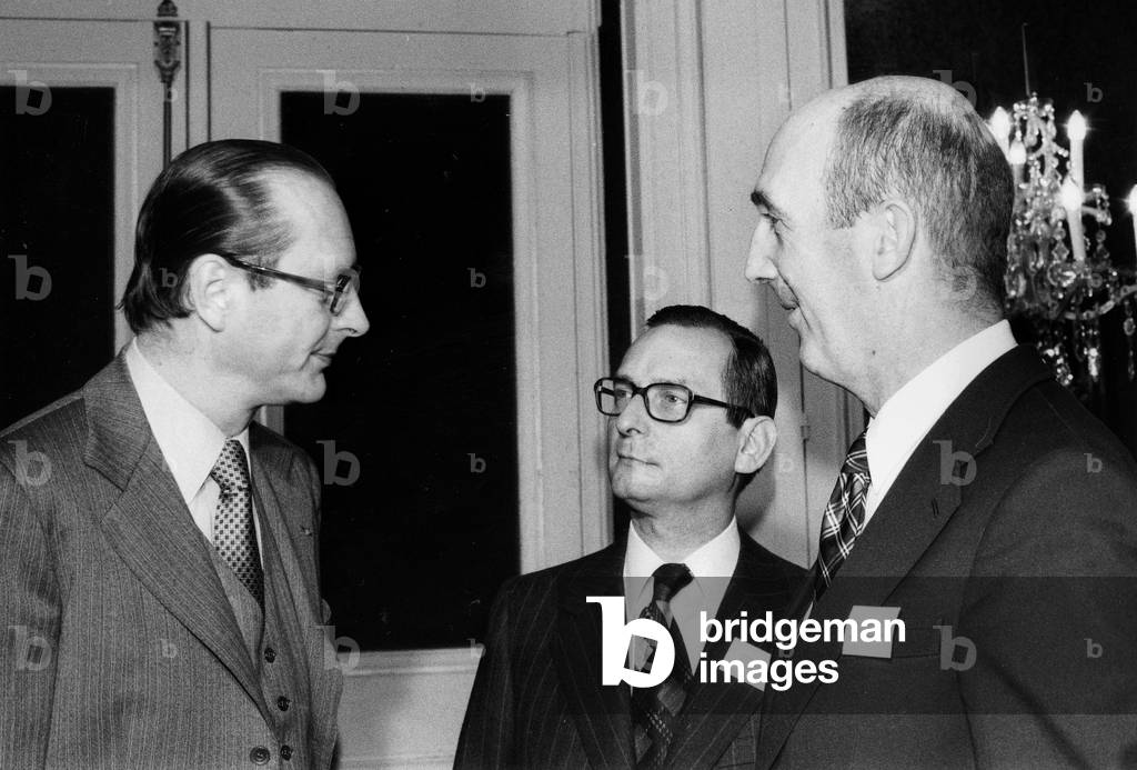 Meeting of Rpr Right Wing Party Central Committee : Jacques Chirac Jerome Monod and Andre Turcat December 12, 1977 (b/w photo)