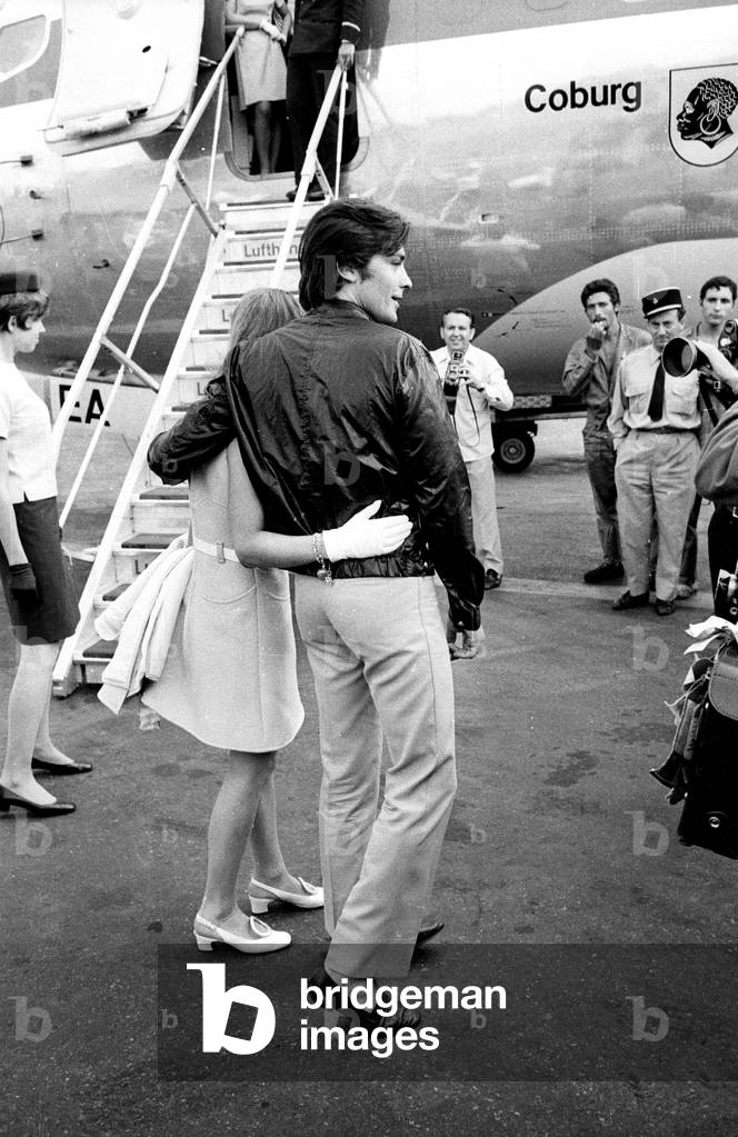 Alain Delon Welcoming Romy Schneider at Nice Airport, French Riviera, August 12, 1968 (photo)