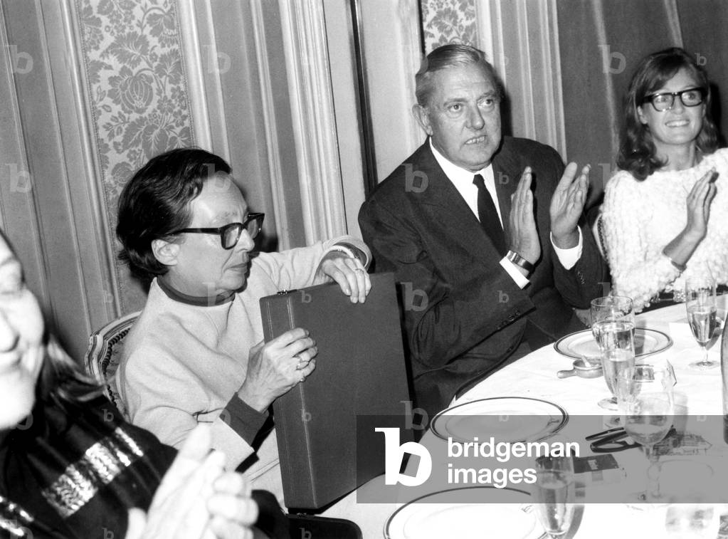 Marguerite Duras With Jacques Tati After He Received Movie Prize For his Film Playtime October 22, 1968 (b/w photo)