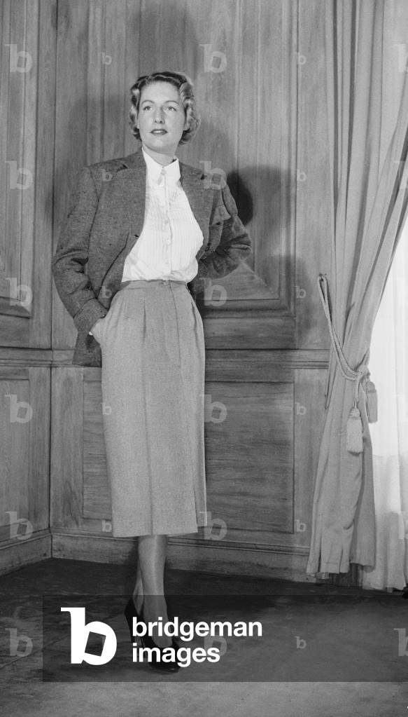 Pierre Clarence fashion in Paris, February 21, 1950 (b/w photo)