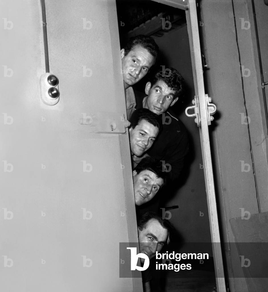 Shooting The Film “Le Trou” At Studio De Billancourt De Haut En Bas Jean Kerandy Michel Constantin Marc Michel Philippe Baucel And Raymond Meunier August 20, 1959 Neg: A81312 (b/w photo)