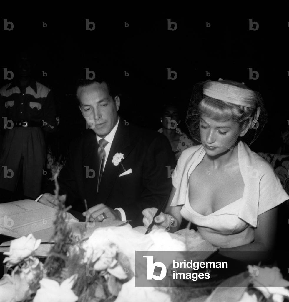 Wedding of French Actress Martine Carol and her 1St Husband Steve Crane in September 1949 at Monte Carlo Town Hall (b/w photo)