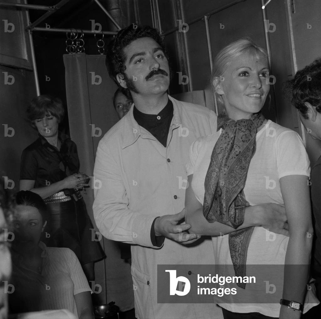 Spanish fashion designer Paco Rabanne and hairdresser Gin who designed the models' hairstyles  for the 1968-1969 winter collection on July 29, 1968 (b/w photo)