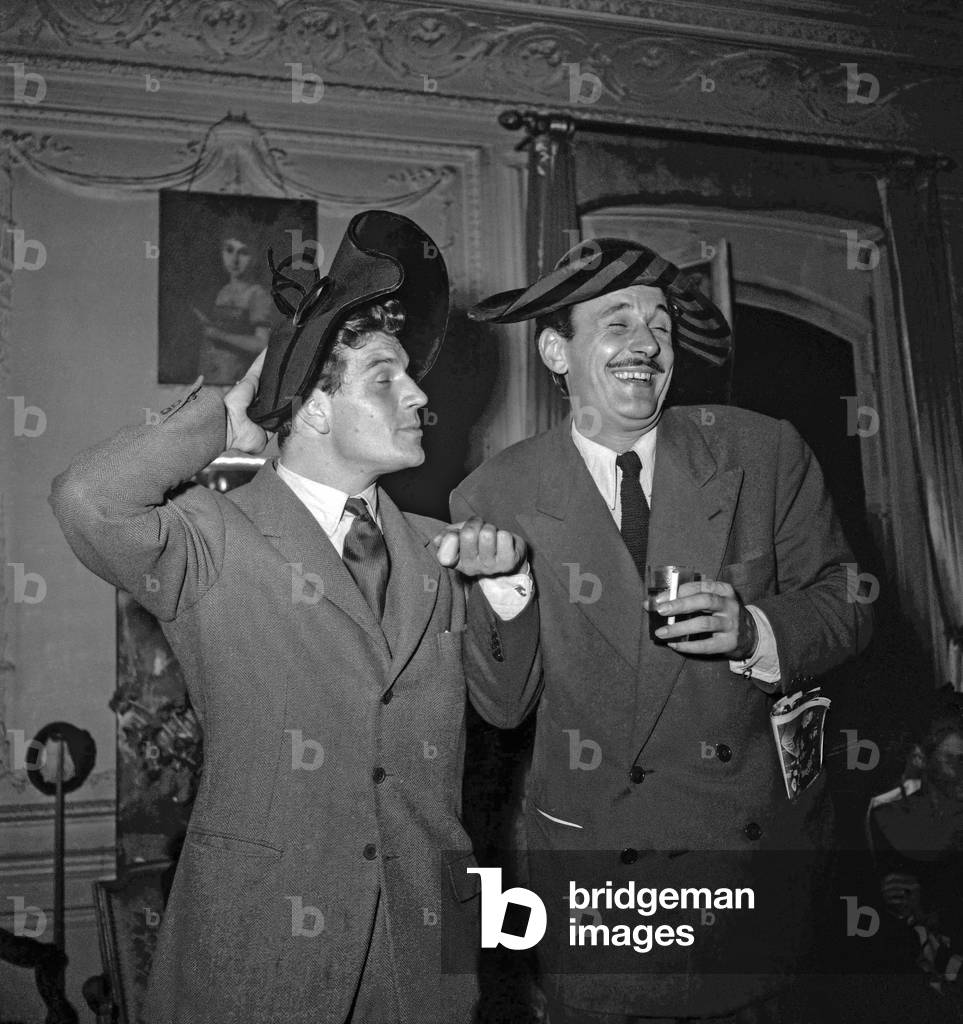 French actors Henri Vidal and Frank Villar, Paris, October 11, 1949 (b/w photo)