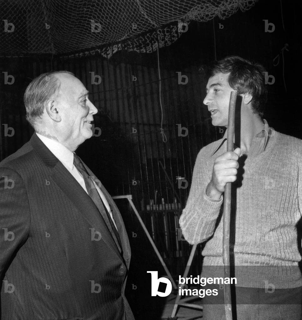 Firmin Bouglione Giving Some Advices To Actor Jean Claude Brialy For his Lions Act at Artists Union Show April 18, 1972 (b/w photo)