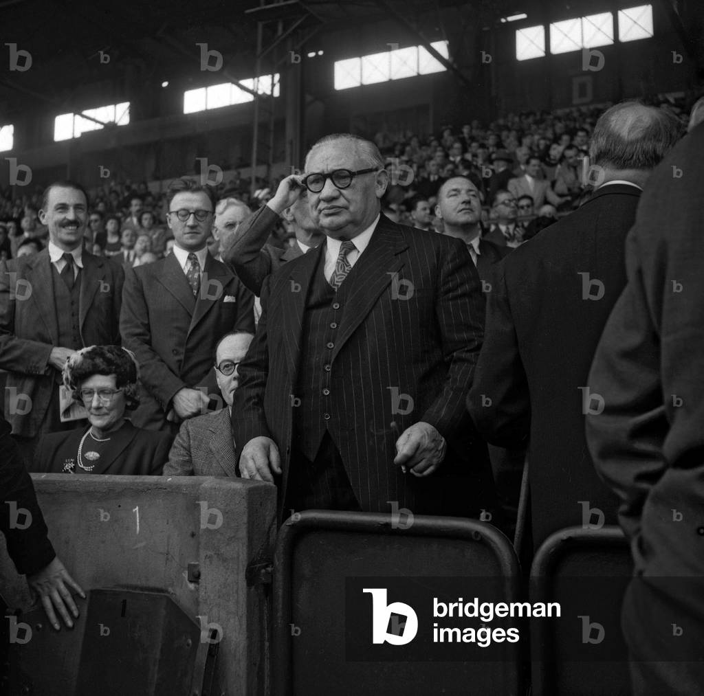 Ernest Bevin, British Secretary of State for Foreign Affairs, attending the football match between France and England, May 23, 1949, Paris (b/w photo)