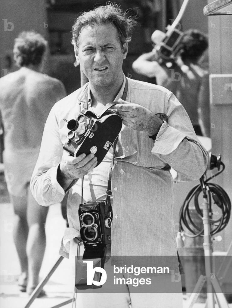 Actor Michel Serrault on Set of Film The Annuity in Saint-Tropez July 20, 1971 With Super 8 and Rolleiflex Camera (b/w photo)