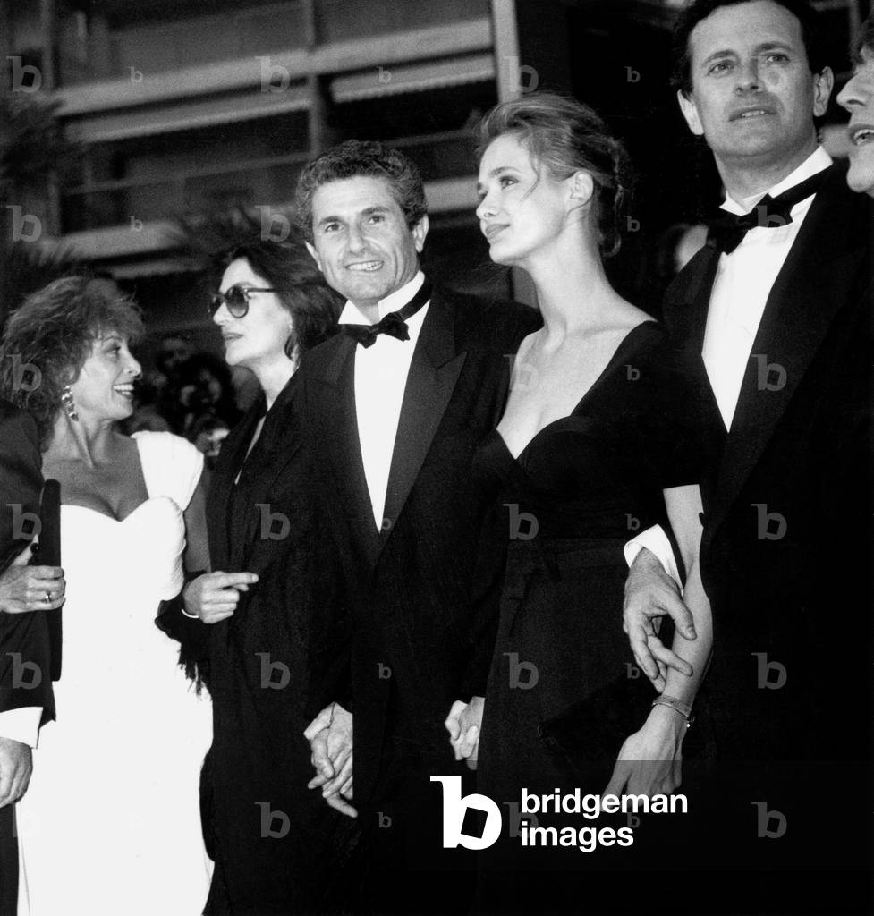 Anouk Aimee (L) Claude Lelouch Marie-Sophie L. and Francis Huster at Cannes Film Festival May 14, 1990 (b/w photo)