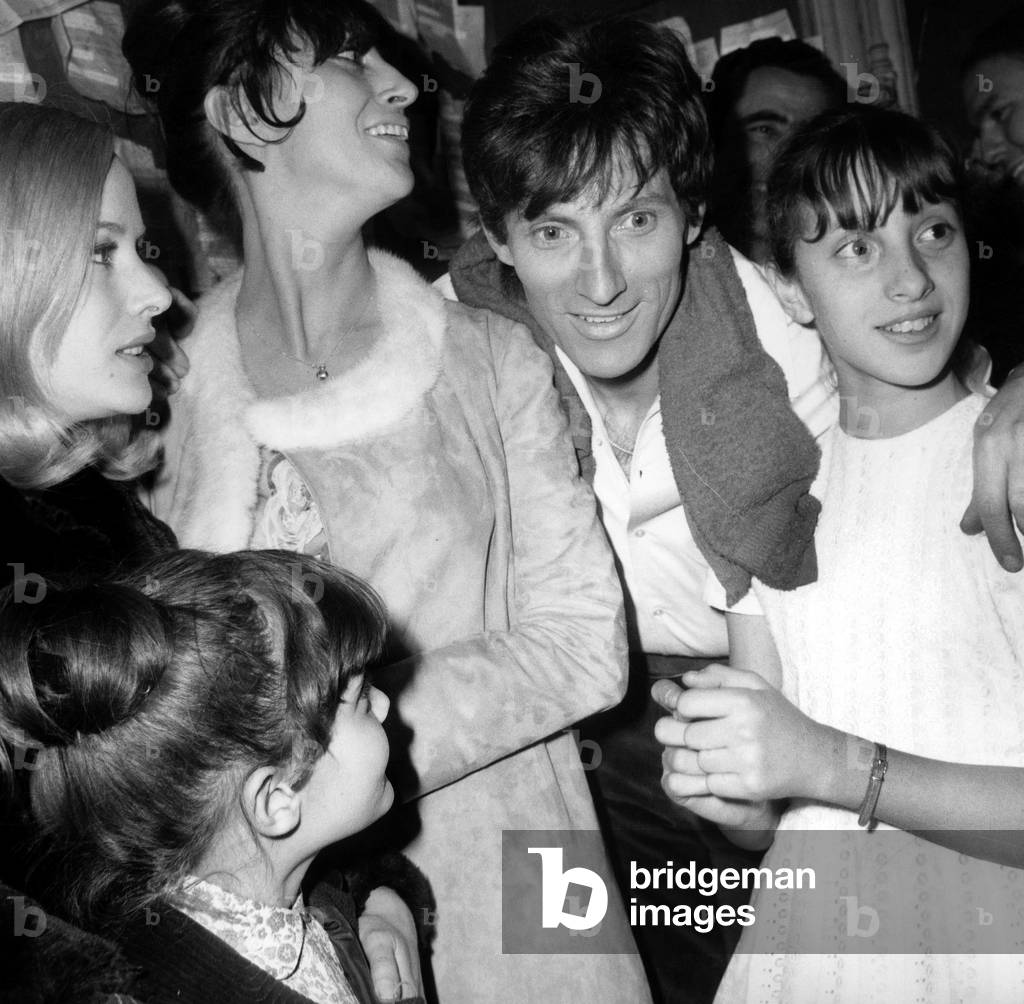 Singer Hughes Aufray Congratulated By his Children, his Wife and his Sister Pascale Audret After Concert at Olympia March 25, 1966 (b/w photo)