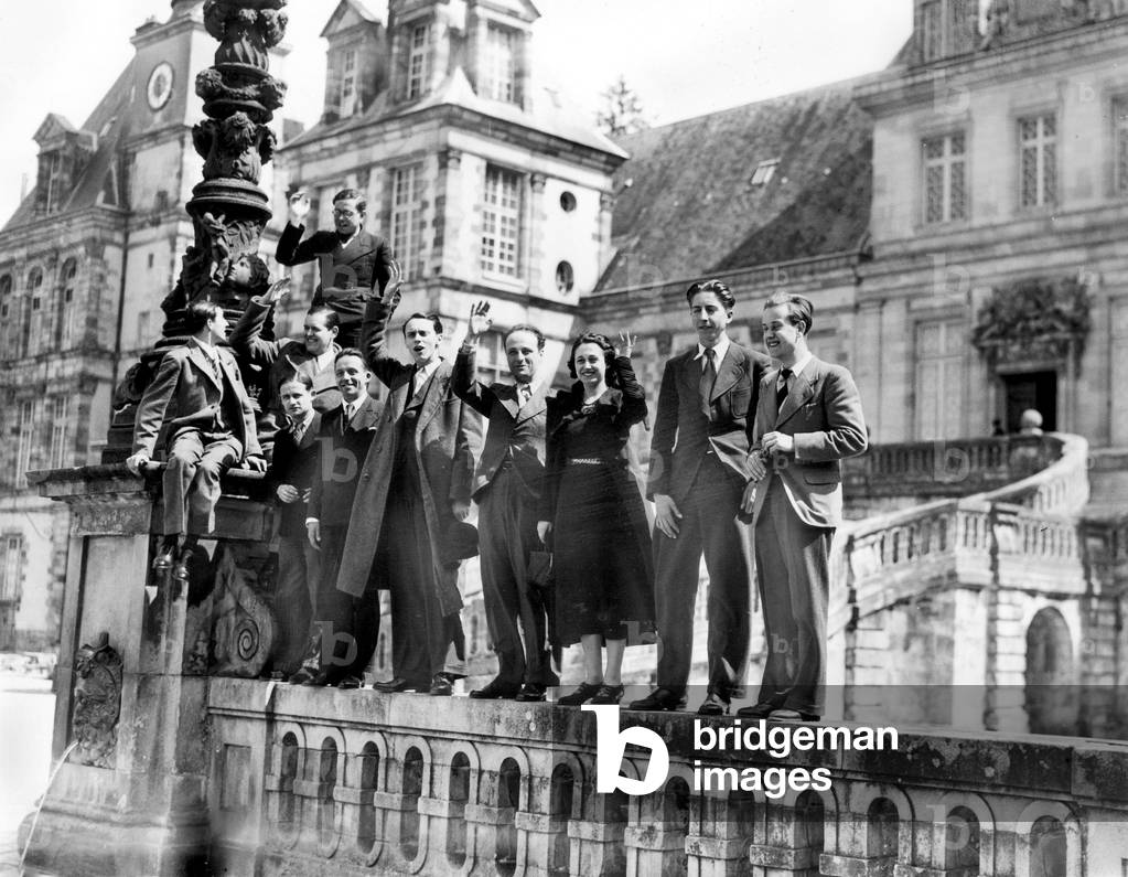 Fine Arts Students in Front of Fontainebleau Castle, France, C. 1938 (b/w photo)