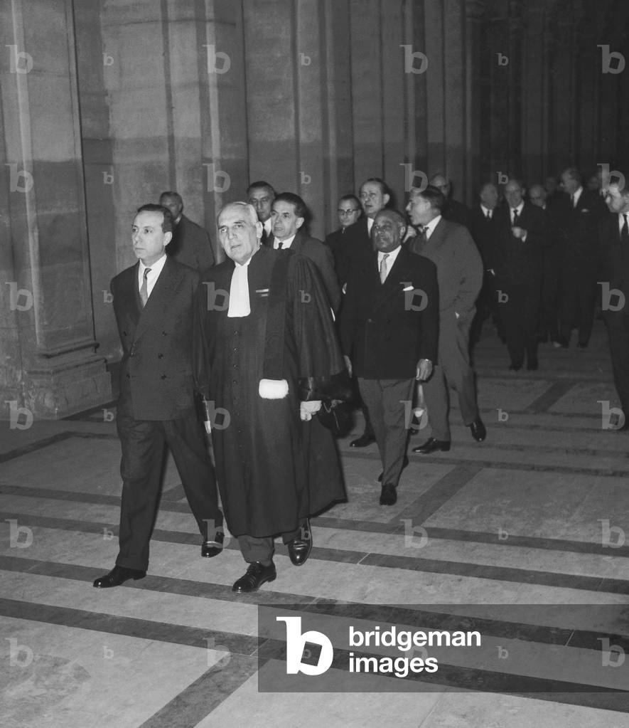 150th anniversary of the  restoration of the Lawyers Council in Paris (Law Courts), December 10, 1960 : Michel Debre (French Prime Minister), Paul Arrighi (lawyer), Edmond Michelet (French Justice Minister) and Gaston Monnerville (French Senate President) (b/w photo)