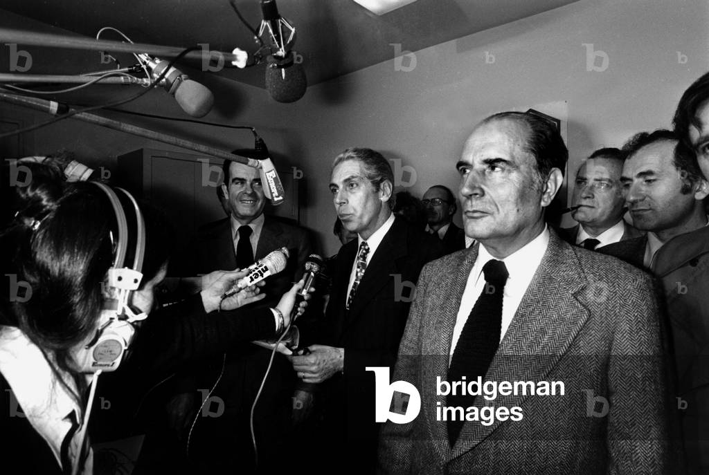 French Politicians Georges Marchais, Robert Fabre and Francois Mitterrand Making A Statement To The Press About Left Wings Union May 17, 1977 (b/w photo)