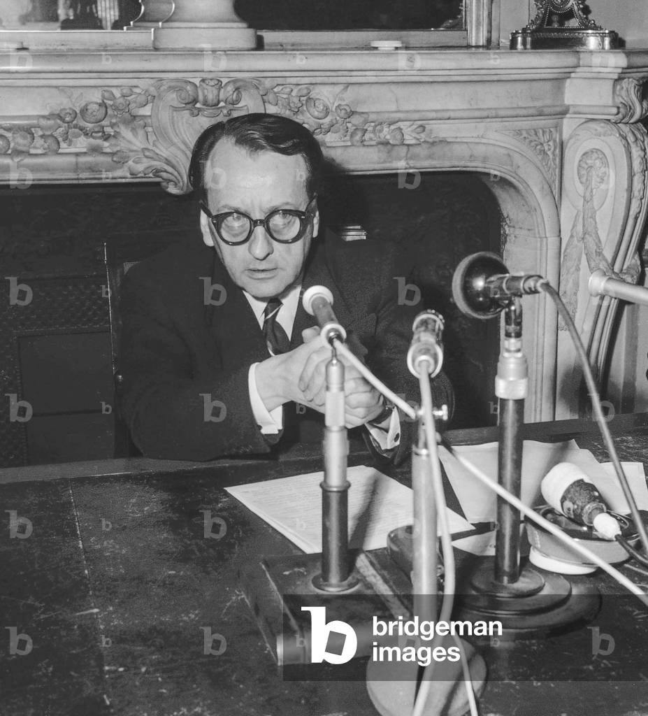 mndre Malraux, French Culture Minister, here during a press conference about the reforn of national theaters, Paris, April 9, 1959 (b/w photo)