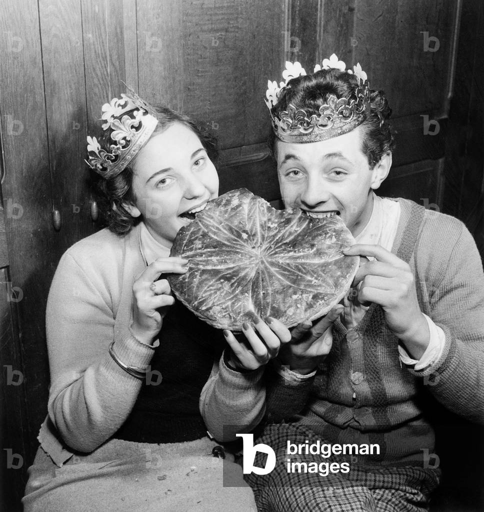 Marie Christiane De Magny and Georges Boissard Eating Twelfth Night Cake January 5, 1951 (b/w photo)
