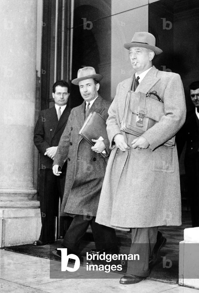 French Ministers Antoine Pinay and Pierre Schneiter Leaving Ministers Council at Elysee Palace September 28, 1950 (b/w photo)