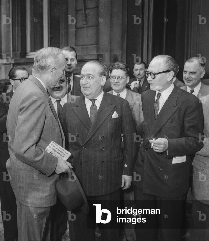 French Ministerial crisis, June 24, 1950 : Charles Lussy and Guy Mollet at the Elysee, Paris (b/w photo)