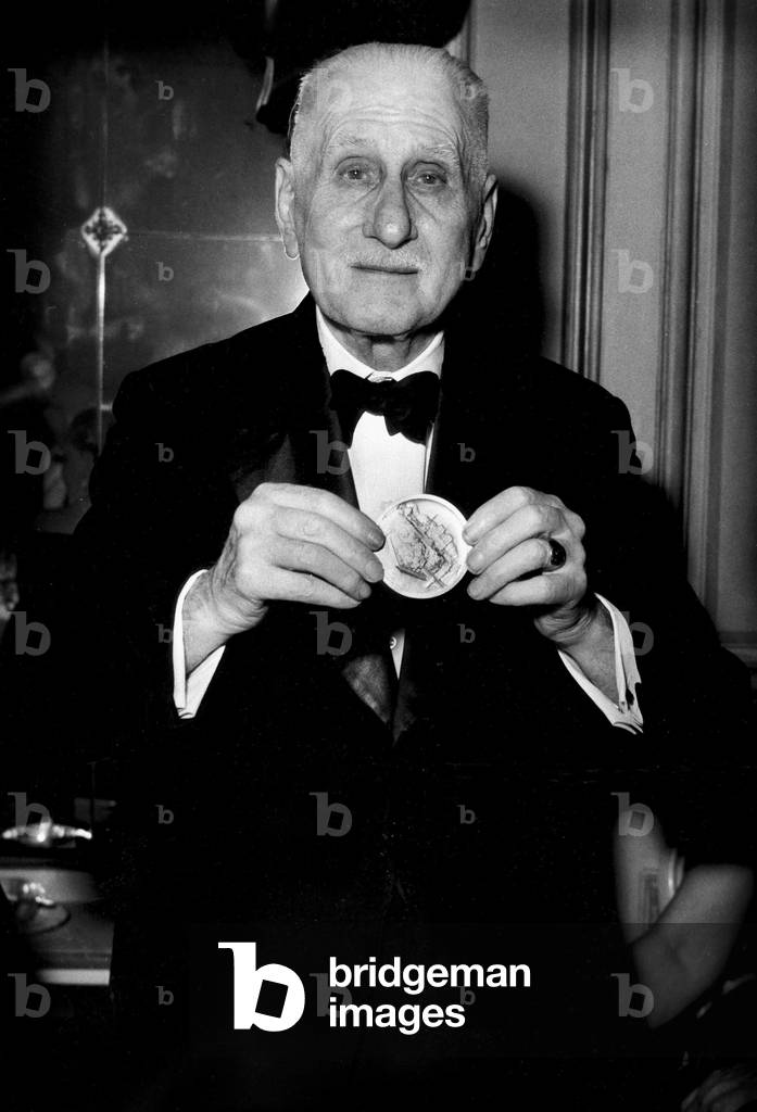Andre De Fouquieres (1874 - 1959), French Writer and Lecturer, Receiving The Gold Medal of The City of Paris, December 22, 1956 (b/w photo)