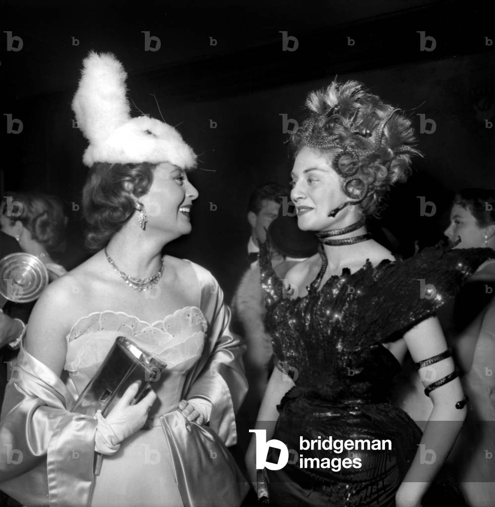 Dinner With People in Fancy Dress on May 25, 1951 : Actresses Michele Morgan (Rabbit) Et Francoise Christophe (Snake) (b/w photo)