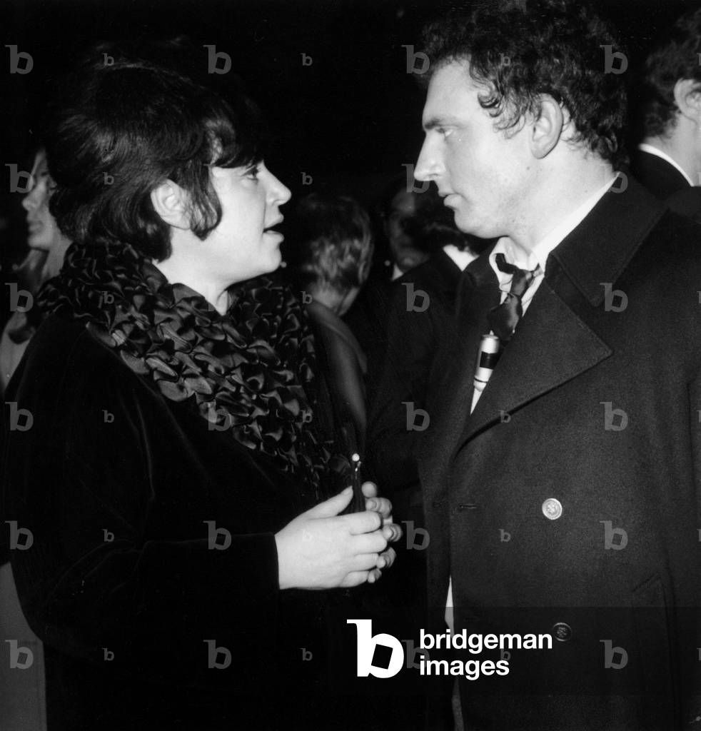 French Actor Jacques Martin With Singer Regine After Premiere of Play Petipatapon April 26, 1967 (b/w photo)