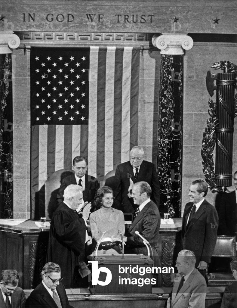 Gerald Ford Becoming 40Th American Vice-President in Presence of Warren Burber, his Wife Betty, President Richard Nixon (Background), Carl Albert and James Eastland December 14, 1973 (b/w photo)