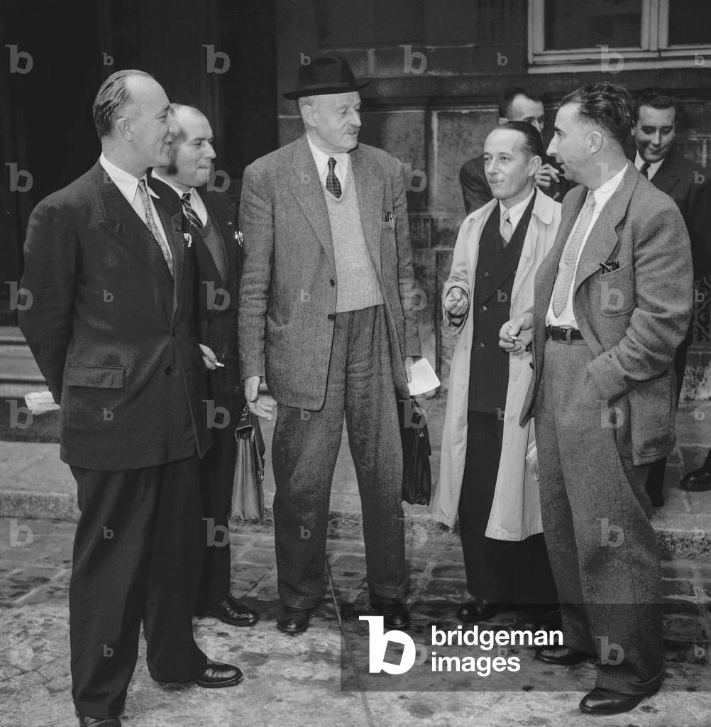 Trade unionists (CGT and FO) after their meeting with JulesMoch at the French Interior Ministry, Paris, October 10, 1949 : Albert Bouzanquet, Georges Delamarre, Pierre Neumeyer, Laffont and Robert Bothereau (b/w photo)