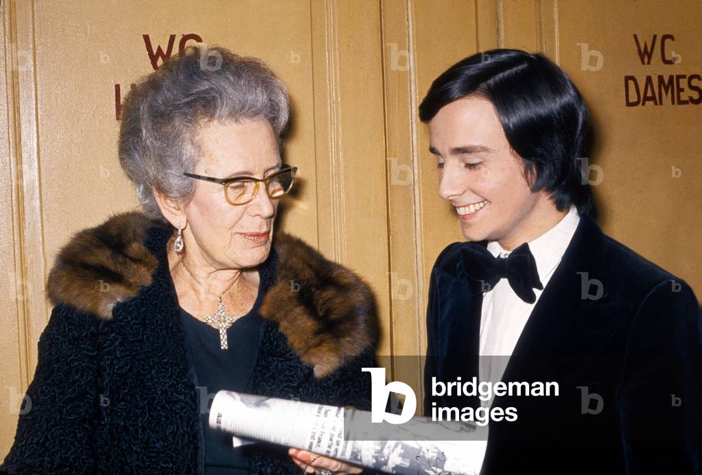 Thierry Le Luron Receives Congratulations From Mrs Chaban Delmas (Micheline Chavelet) After his Show in Bobino, Paris, on February 18, 1972 (photo)