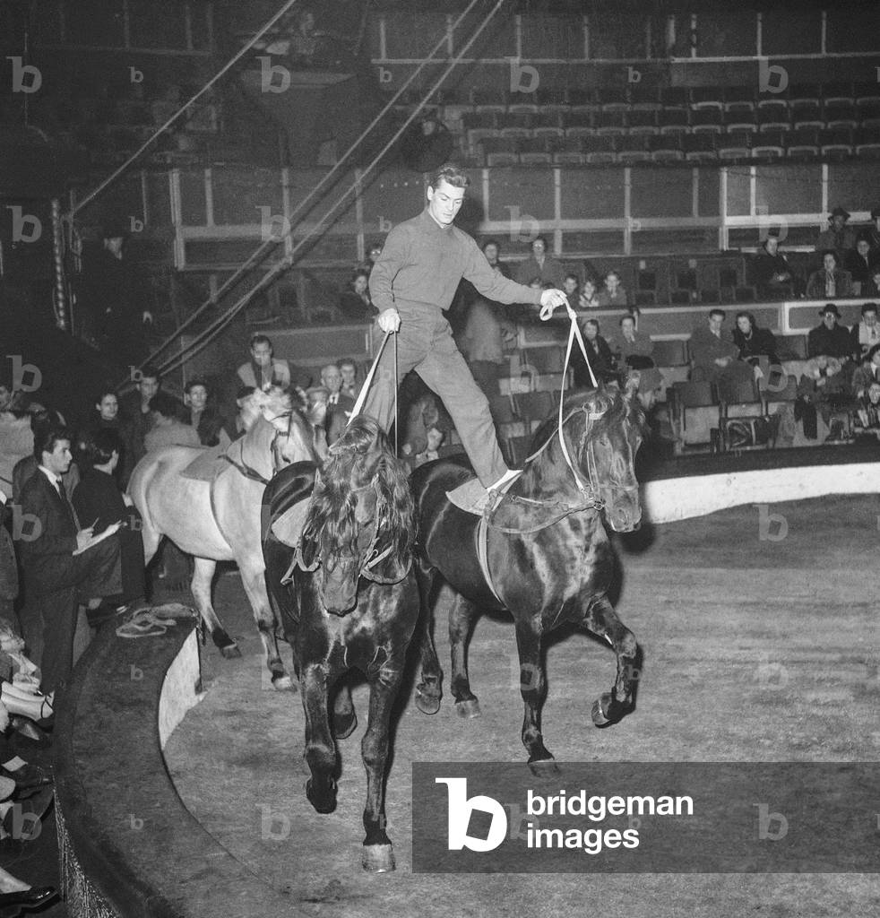 Rehearsal of the Gala of Union, Cirque d'Hiver, Paris, February 20, 1952 : French actor Jean Marais (as a rider) (b/w photo)