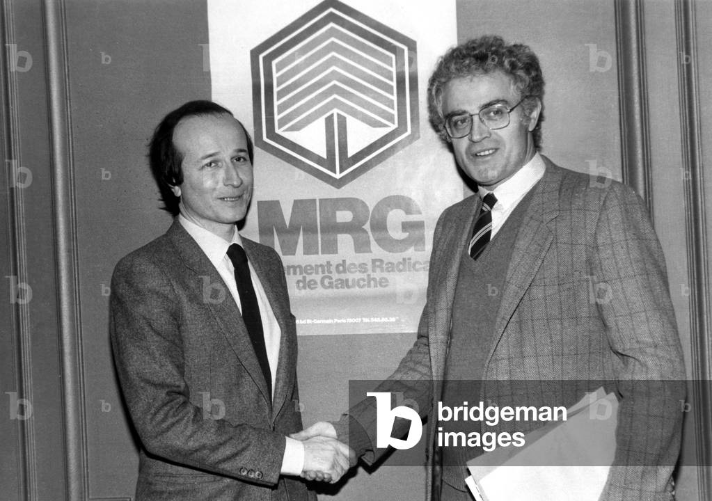 Roger Gerard Schwartzenberg (L) From Shaking Hand With Lionel Jospin (Socialist Party) To Prepare Local Elections, December 1St, 1982 (b/w photo)