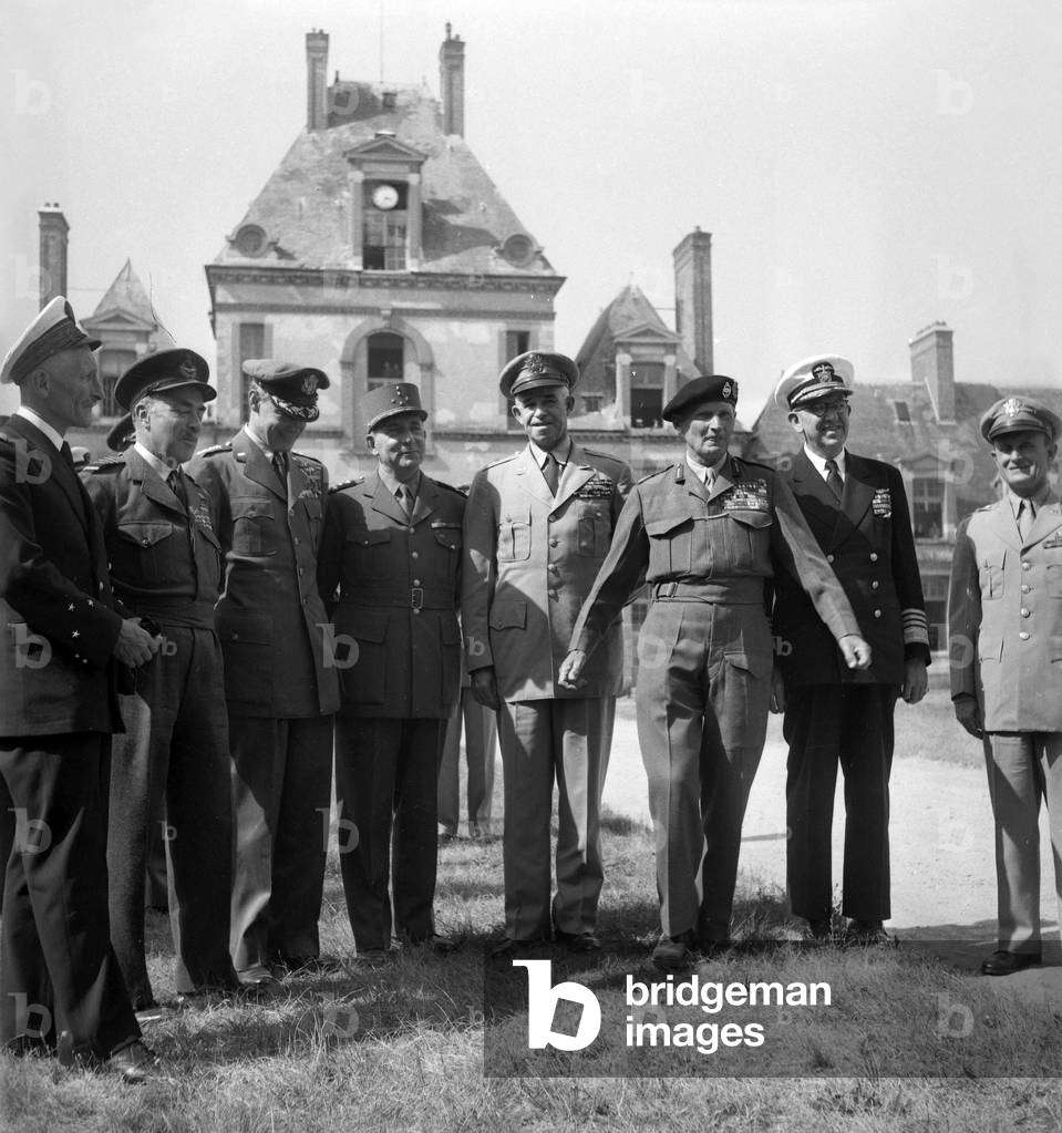 Visit of the US Chief of Staff in France : here at the Fontainebleau castle on August 5, 1949 (at time of Marshall Plan) : general Omar Bradley, Marshall Bernard Law Montgomery, Admiral Louis Emil Denfeld (b/w photo)