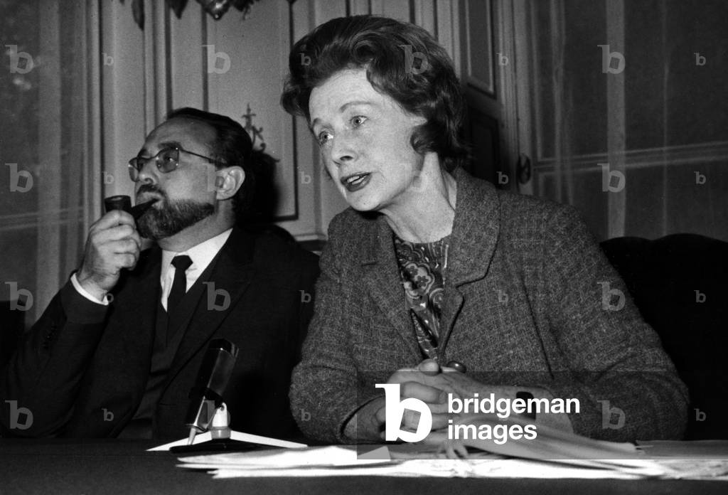 Edgard Pisani, French Minister of Public Works, and Barbara Castle, English Minister of Transports, during A Meeting in Paris About The The Channel Tunnel October 28, 1966 (b/w photo)