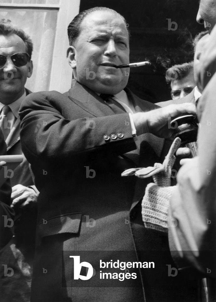 Robert Lacoste, Minister Resident in Algeria, during A Press Conference, April 25, 1958 (b/w photo)