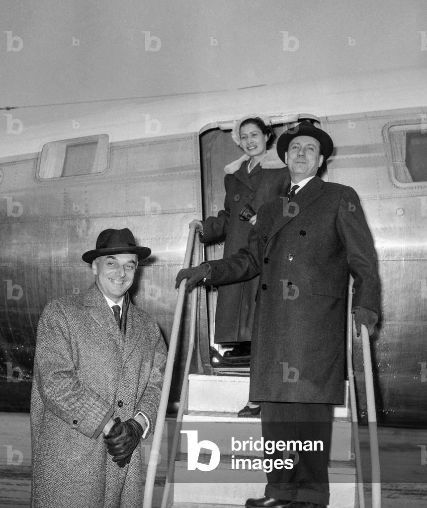 Michel Debre (French prime minister) at the airport of Villacoublay in France for a trip in Algeria, near him  Nafissa Sid Cara (French minister) and Pierre Guillaumat (French minister), march 22, 1959 (b/w photo)