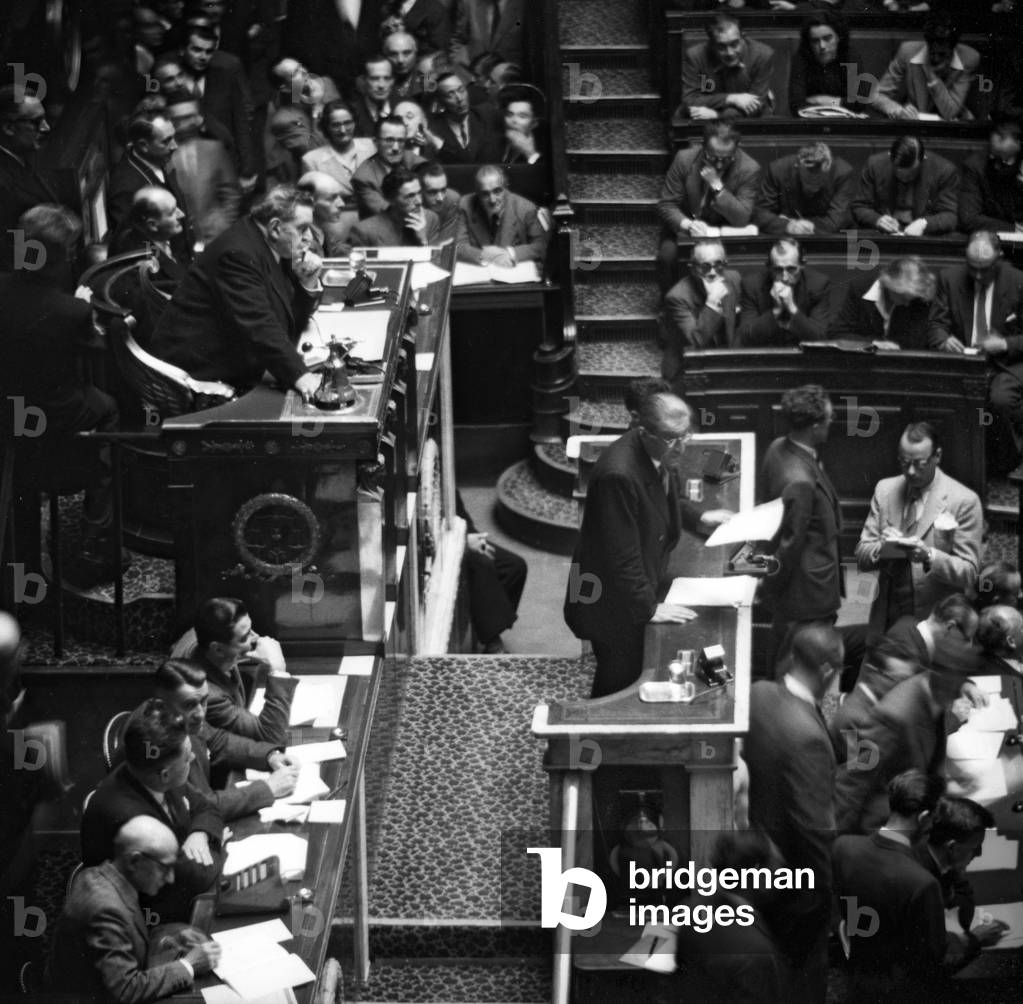 French ministerial crisis on October 9, 1949 : Jules Moch speaking at the French National Assembly, on October 13, 1949 (b/w photo)