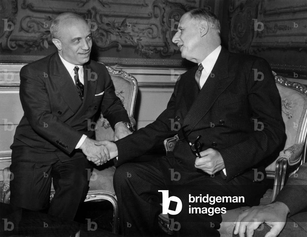 The General Charles De Gaulle (R, President of The French Council) Shakes Hands With Amintore Fanfani (L, President of The Italian Council) in The Offices of The French Prime Minister in Paris, August 7, 1958 (b/w photo)