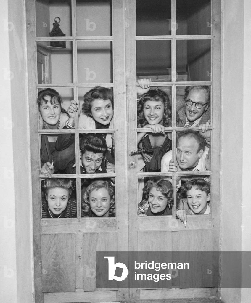 French actors Maria Riquelme, Nicole Francis, Jacqueline Gauthier, Francoise Arnoul, Jacques Castelot and Nadine Alary on set of film 