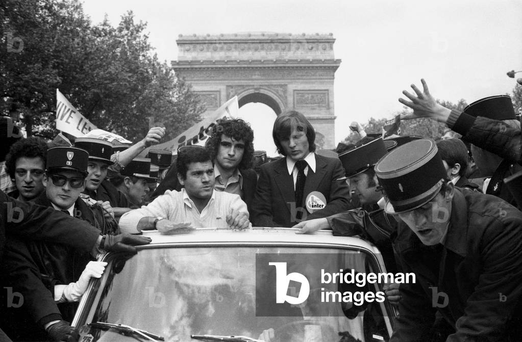 Footbal Team As St Etienne Back in France After The Final, Lost, of The Champions League. They Parade on Champs Elysee To Wild Applause From The Crowd, May 13, 1976. here Soccer Players Dominique Rocheteau and Dominique Bathnay (b/w photo)