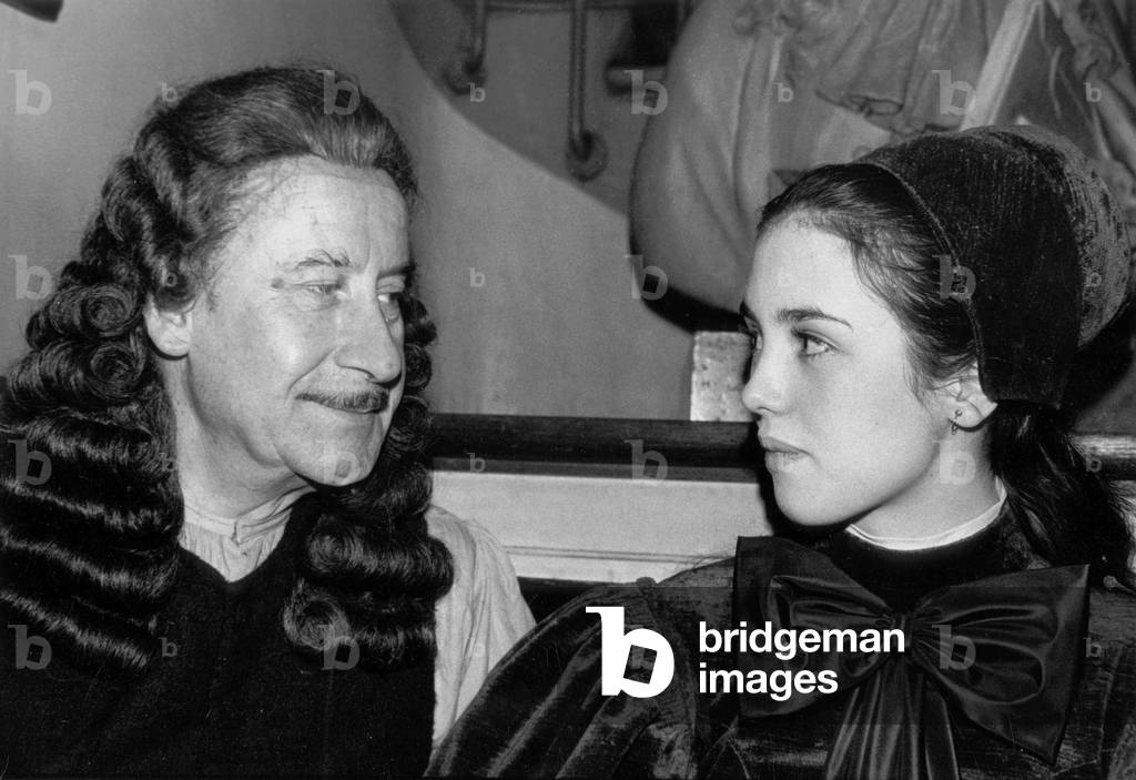 Pierre Dux (Arnolphe) and Isabelle Adjani (Agnes) in Play The School For Wives, Comedie Francaise, Paris May 4, 1973 (b/w photo)