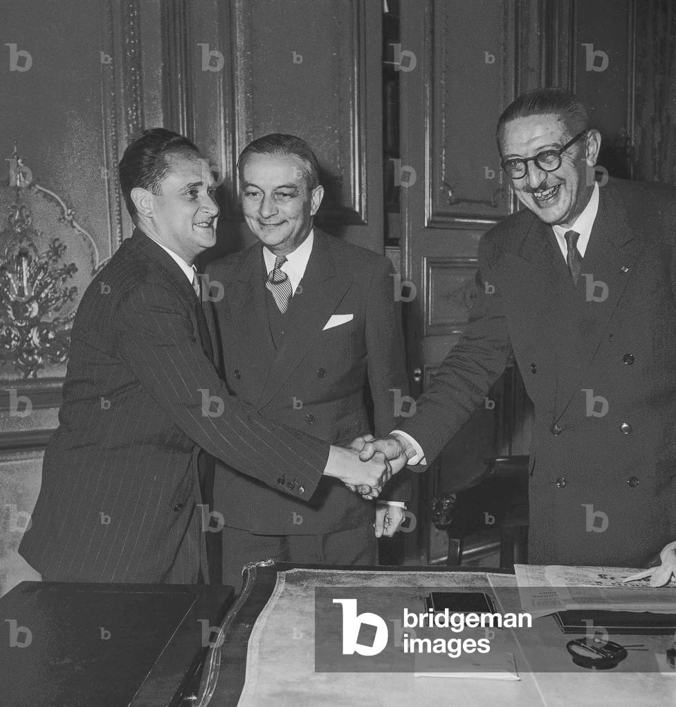 Transfer of power : French politicians Maurice Bourges-Maunoury, Georges Bidault  and Jules Moch, Paris, August 11, 1951 (b/w photo)