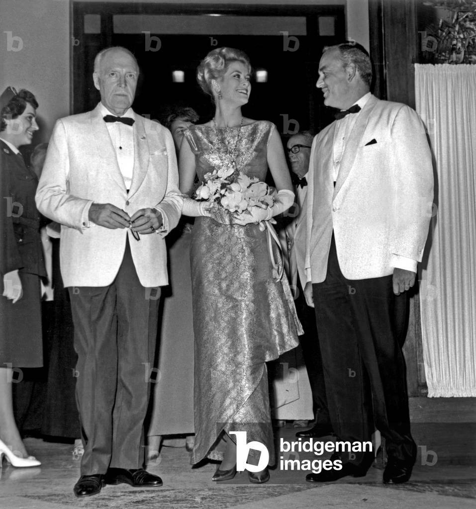 La Princesse Grace With Husband Prince Rainier Iii of Monaco(R) and his Father Prince Pierre (L) August 12, 1961 at Sporting Club Evening in Monaco (b/w photo)