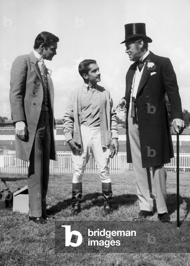 Louis Jourdan, Yves Saint-Martin and Rex Harrison on Set of The Film La Puce A L'Oreille, Near Paris September 7, 1967 (b/w photo)