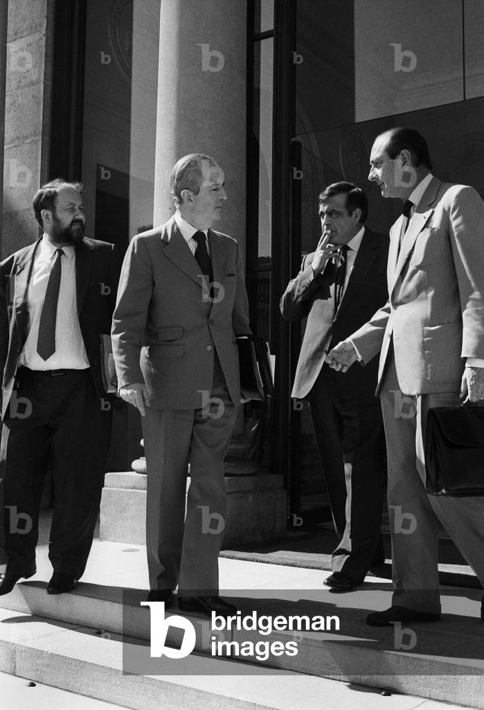 Andre Rossinot, Philippe Seguin, Edouard Balladur and Jacques Chirac (French Prime Minister) Leaving Elysee Palace in Paris After Council of Ministers, June 25, 1986 (b/w photo)