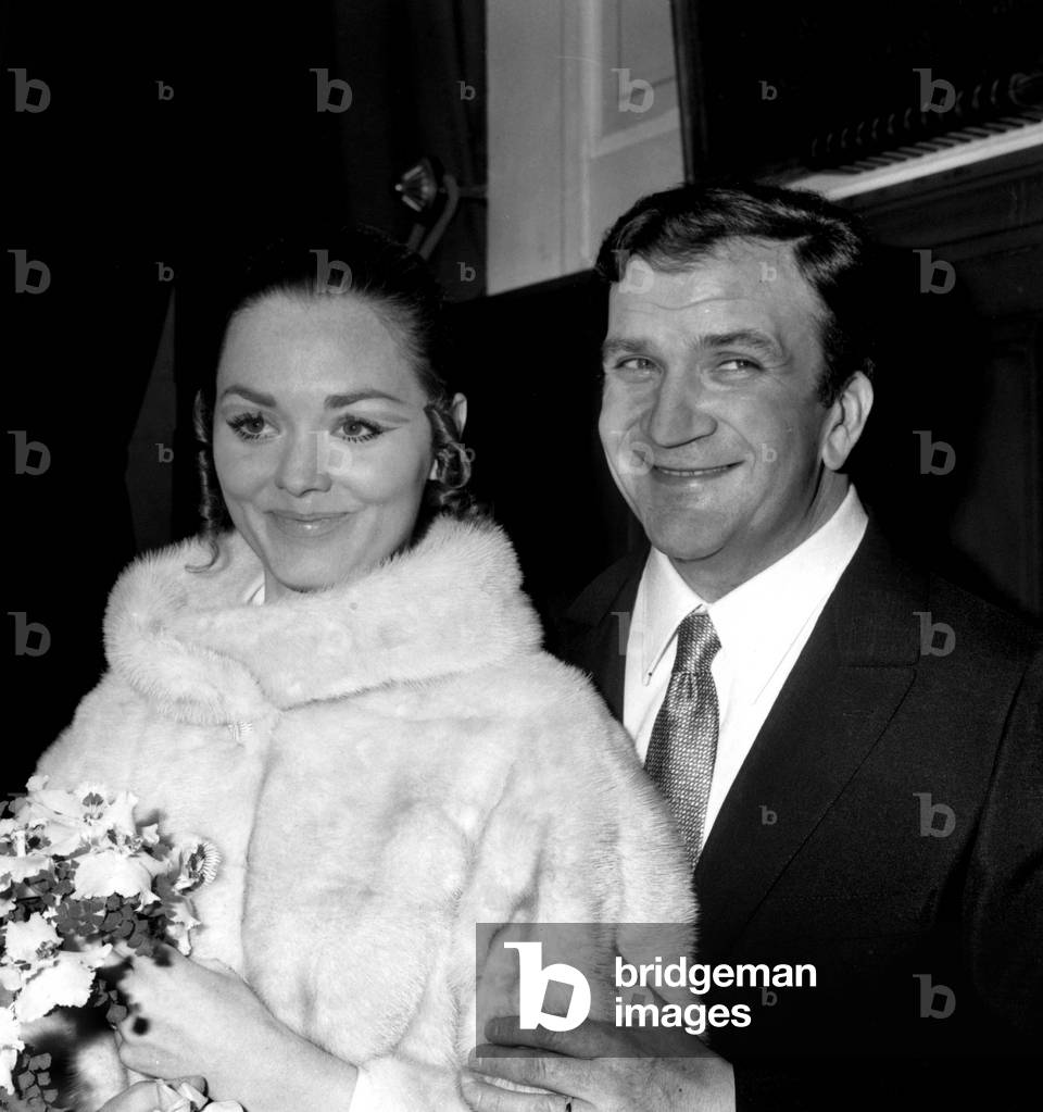 Wedding of Annie Fournier and Pierre Mondy in Paris December 16, 1967 (b/w photo)