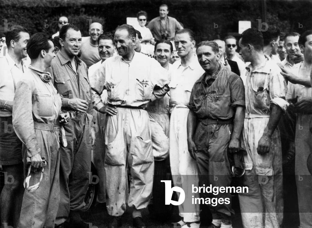 Car Race Between Paris and Monthlery in 1947 L-R Maurice Trintignant, Jean-Pierre Merville, Raymond Sommer, Amedee Godin De Cortanz and Eugene Martin (b/w photo)