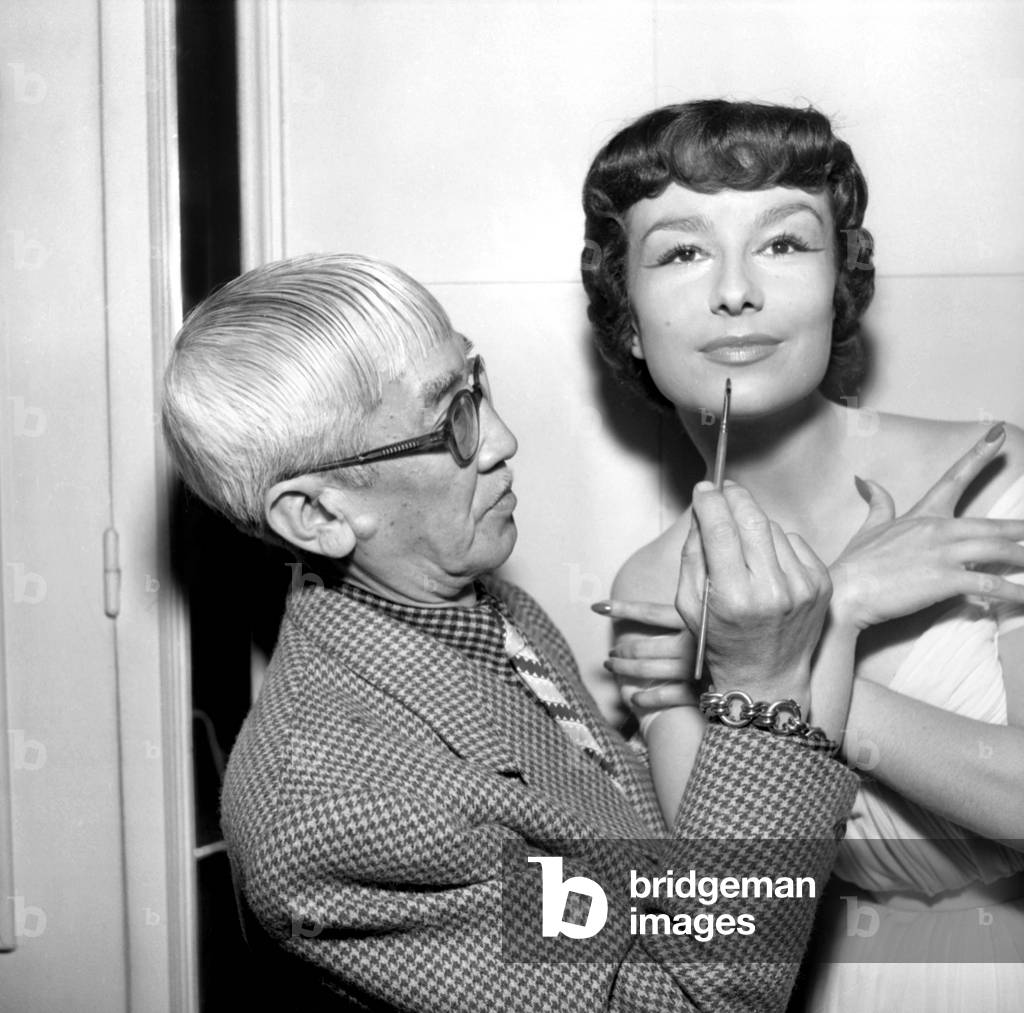 Painter Foujita Making Danielle Up in Harriet Hubbard Ayer Salon, Paris, June 10, 1952 (b/w photo)