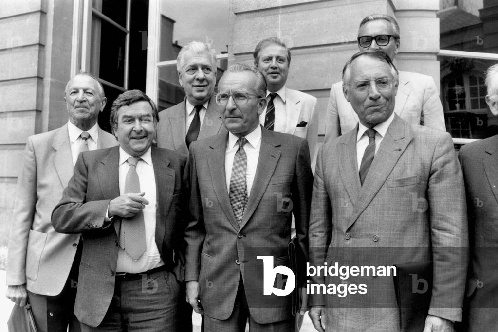 At Matignon Hotel in Paris on August 2, 1984 : Delegation of Cnpf (National Council of French Employers) Has Been Received By Prime Minister Laurentfabius : Yvon Gattaz (Front, C), President, and Yvon Chotard (Behind, 2Nd From L), Vice President (b/w photo)