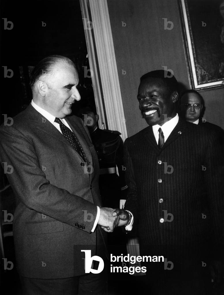 President of Gabon Omar Bongo With French Prime Minister Georges Pompidou, Hotel Matignon, Paris, May 22, 1967 (b/w photo)