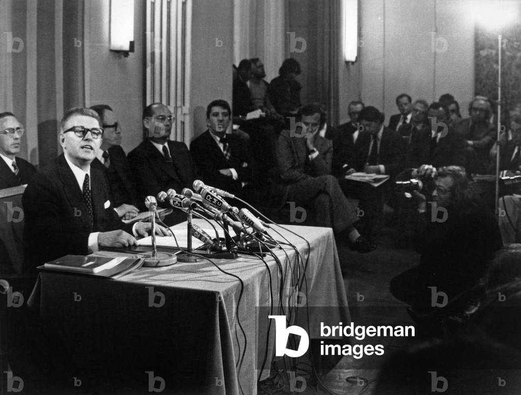 Mr Jean Pierre Fourcade Minister of the Economy and Finance at a Press Conference at the Finance Ministry's Salons Exhibiting the Government's Measures for the Recovery of the Economic Situation June 12, 1974 (b/w photo)