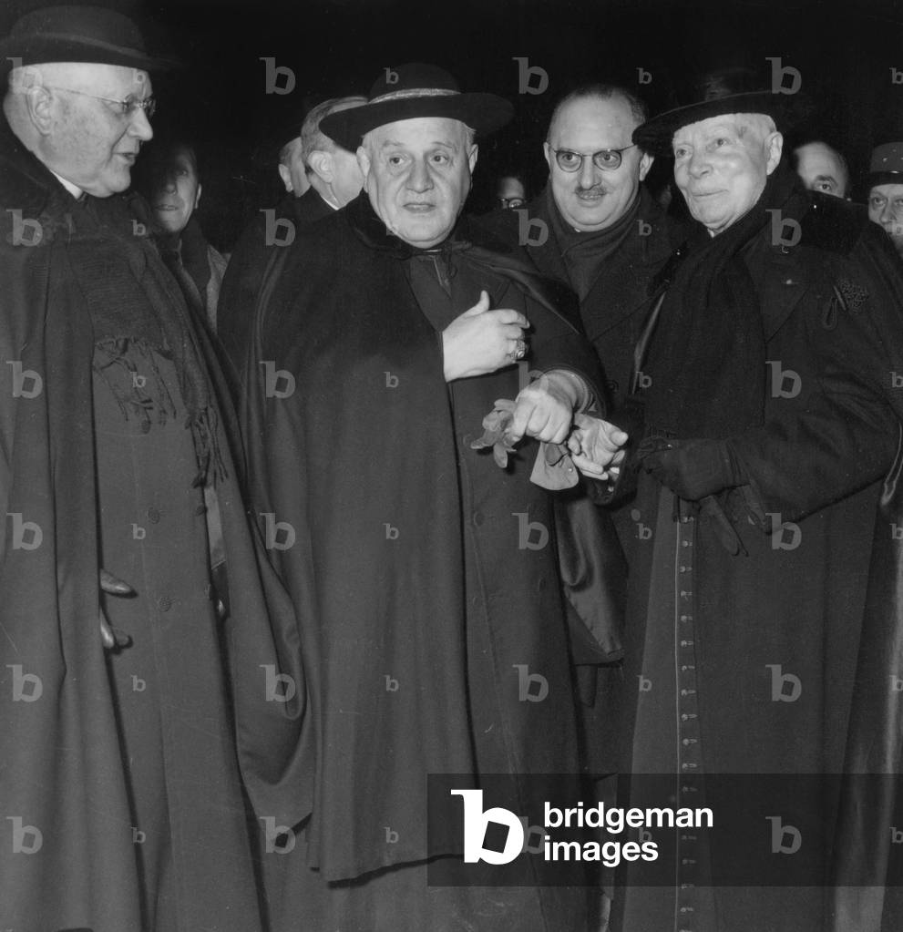 Ange Joseph Roncalli (1881-1963) Future Pope John Xxiii, here As Papal Nuncio in Paris With L-R Cardinal Feltin, Jean Letourneau and Georges Grente in January 1953 in Paris (b/w photo)