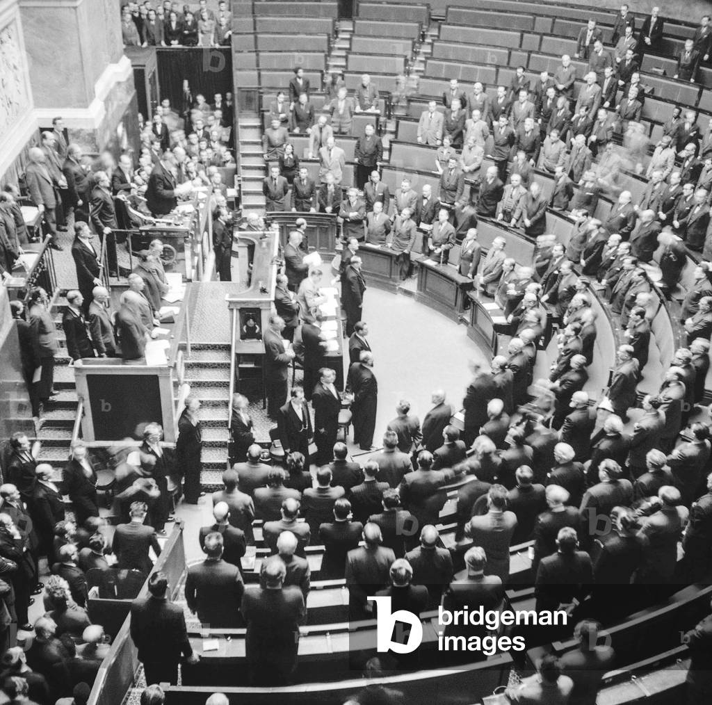 French General Jean de Lattre de Tassigny is made Marshal posthumously here speech of French politician Edouard Herriot at the French National Assembly, Paris, Janaury 15, 1952 (b/w photo)